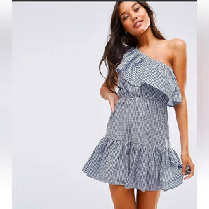 MINKPINK One Shoulder Navy and White Gingham Ruffle Dress ASOS